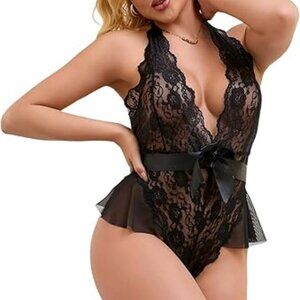 ohmydear Women Black XS-S, XL-2XL Teddy Deep Sexy One Piece Lace Babydoll V Ling
